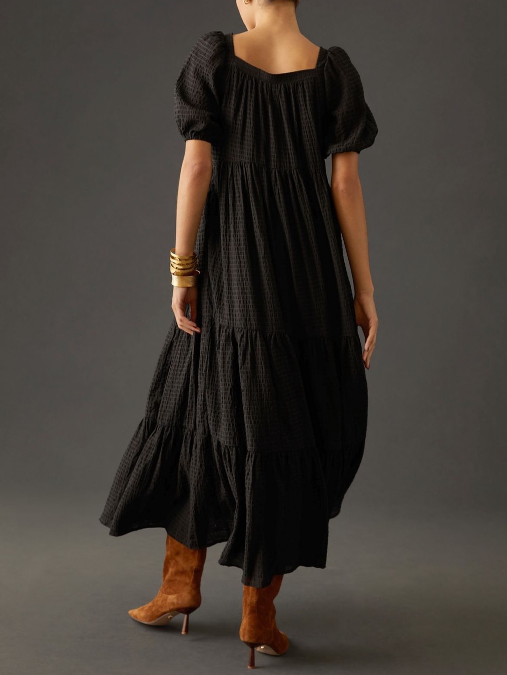 Anthropologie Black Puff-Sleeve Tiered Maxi Dress